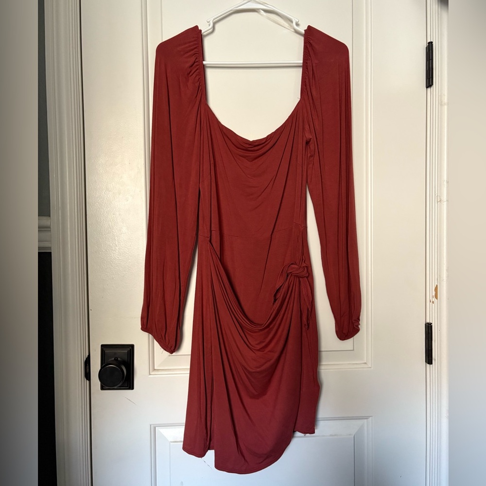 Terracotta Long Sleeve Body-Con Wrap Tie Front Dress